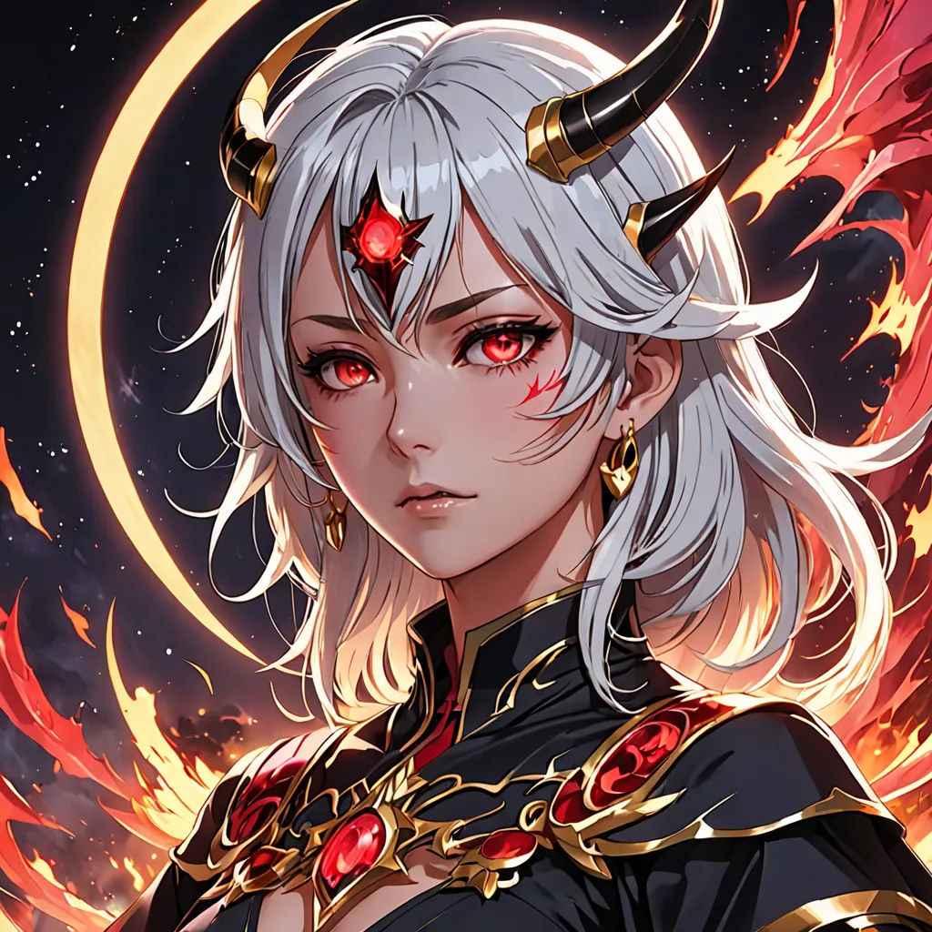 a woman with horns and a red eye and a black outfit with horns and a red eye and a red eye, fantasy art, a detailed painting, Artgerm, red eyes