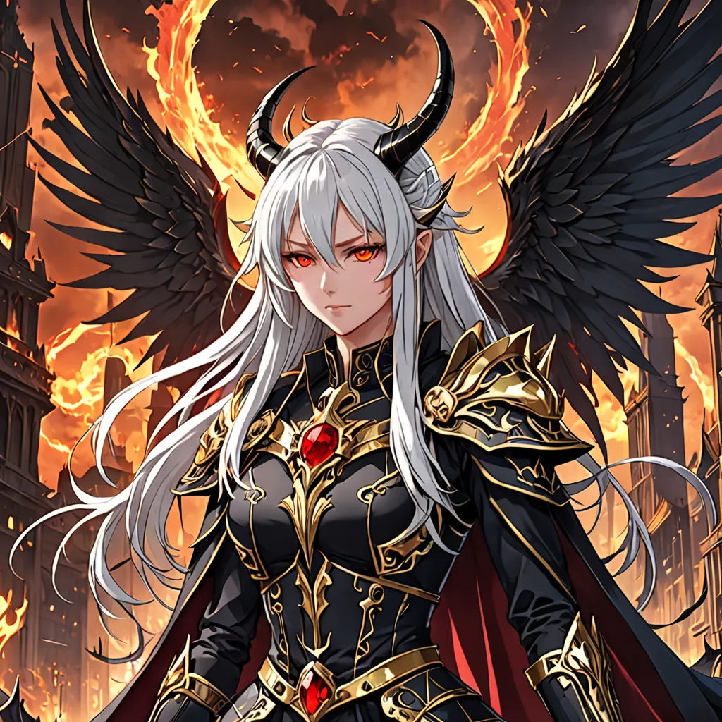 a woman with white hair and a black outfit with horns and wings standing in front of a fire filled city, fantasy art, a character portrait, Anne Stokes, epic fantasy character art
