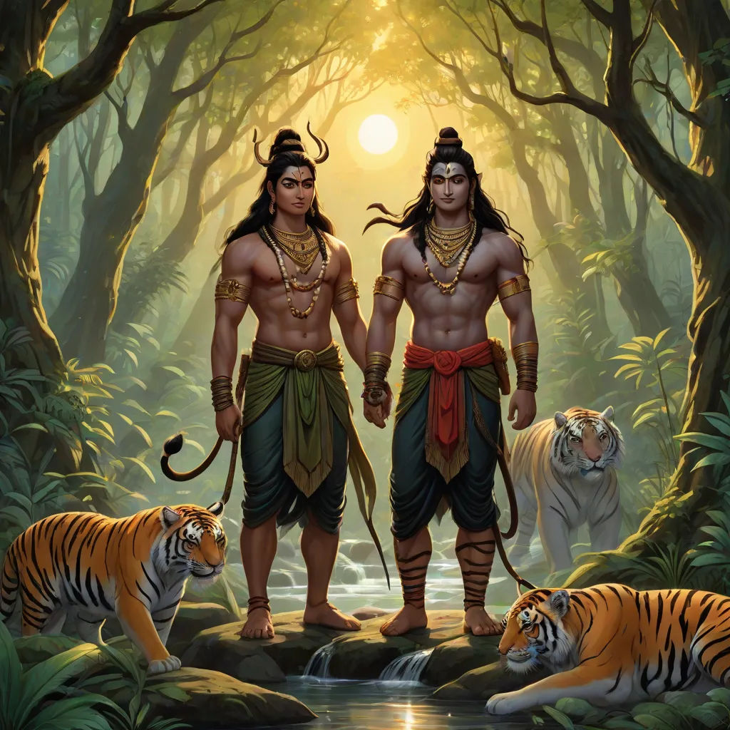 two men standing in the woods with tigers nearby and a river running through them, with a tiger in the foreground, Brothers Hildebrandt, samikshavad, a fine art painting, official art
