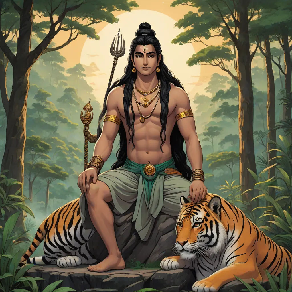 a painting of a man sitting on a tiger in the forest with a spear in his hand and a tiger laying on the ground, Anthony Devas, samikshavad, a painting, official art