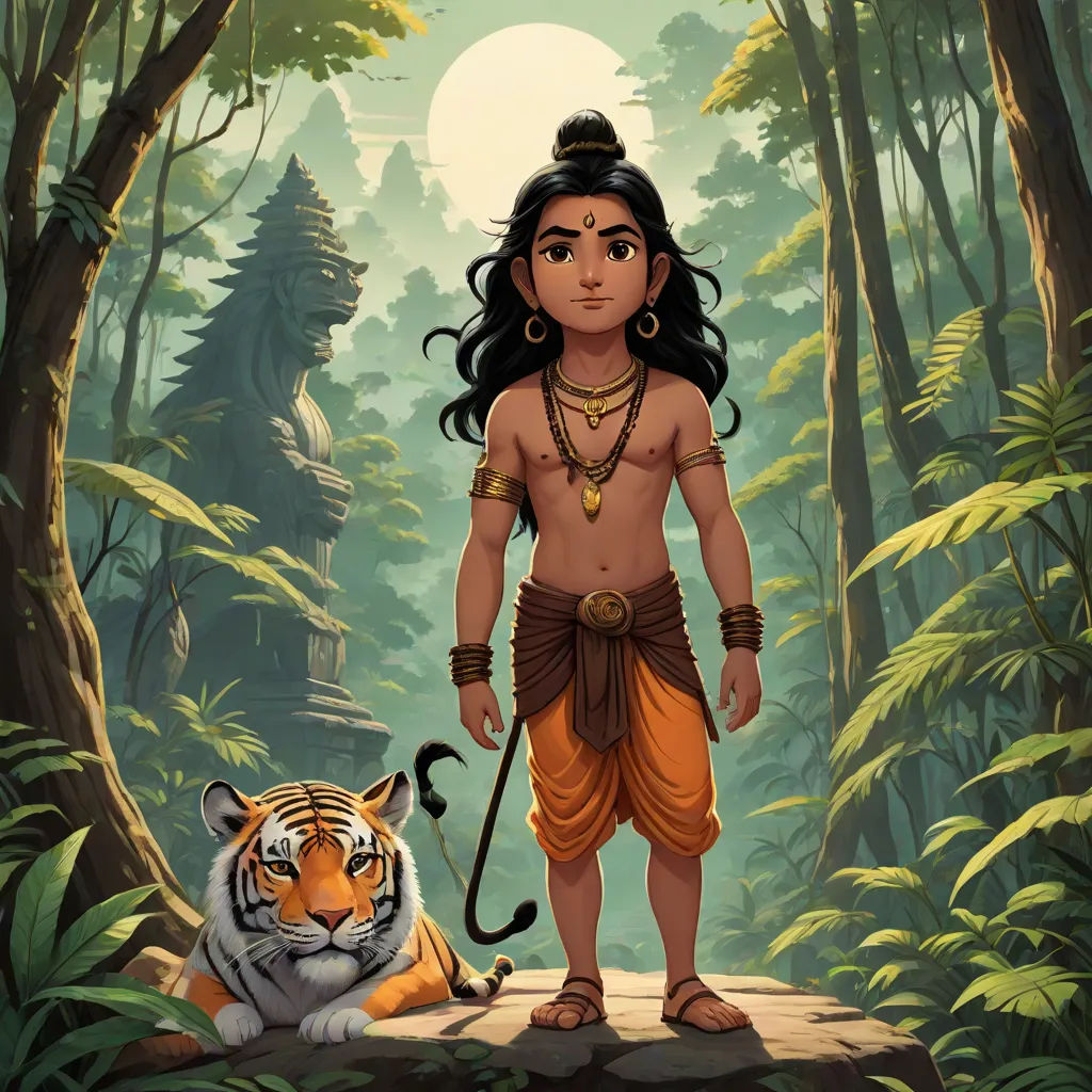 a painting of a man standing next to a tiger in a forest with trees and bushes behind him, with a full moon in the sky, Anthony Devas, samikshavad, a storybook illustration, official art