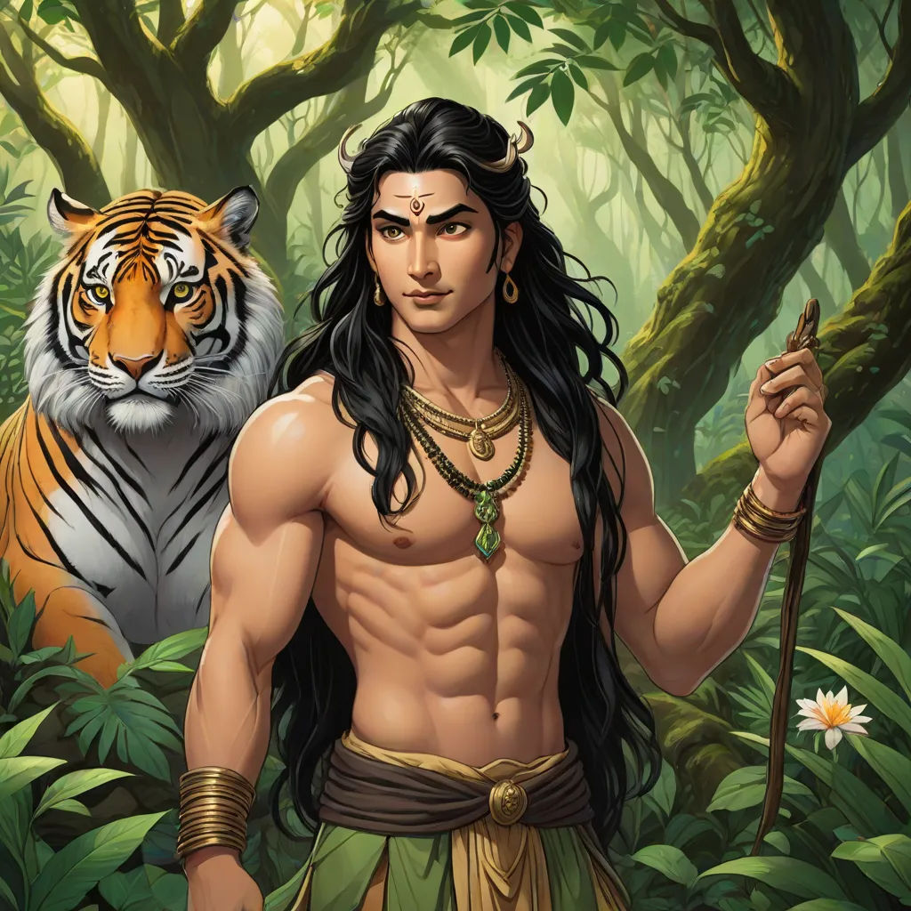 a man with a tiger in the jungle with a staff in his hand and a tiger in the background, Anthony Devas, bengal school of art, a character portrait, jayison devadas