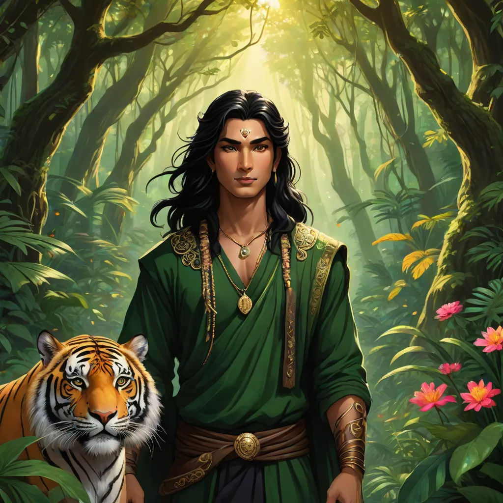 a man in a green shirt and a tiger in a forest with flowers and trees behind him, with a light shining through the trees, Altoon Sultan, fantasy art, a character portrait, graphic novel