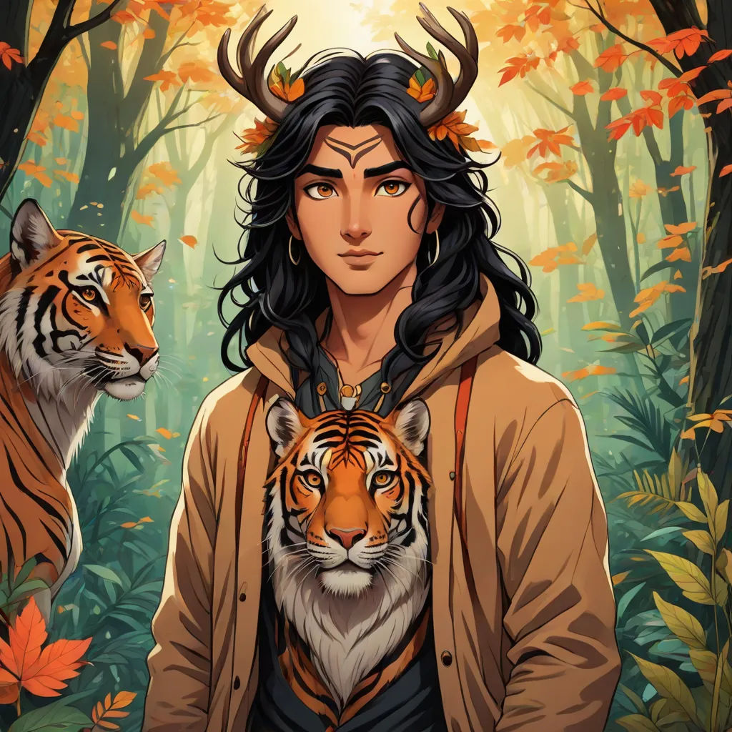 a woman with a tiger on her shoulder in a forest with trees and leaves around her and a tiger on her shoulder, Cedric Seaut (Keos Masons), furry art, a character portrait, key art