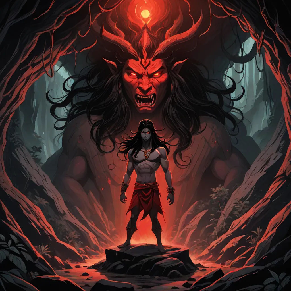 a demon with a demonish face and a demonish head in a cave with red light coming from its eyes, Anato Finnstark, fantasy art, poster art, rossdraws global illumination