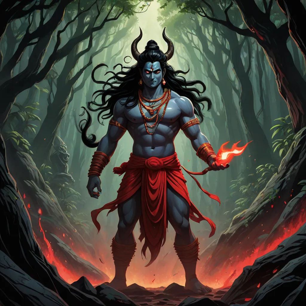 a painting of a demon standing in a forest with flames in his hands and a demon on his chest, Art of Brom, fantasy art, a digital painting, magic the gathering artwork