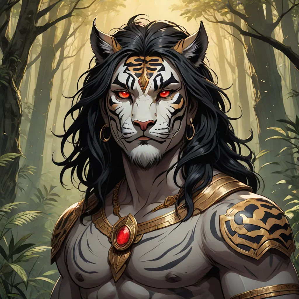 a tiger with a tiger face and a tiger mask on in the woods with trees and bushes behind it, Art of Brom, furry art, a character portrait, epic fantasy character art