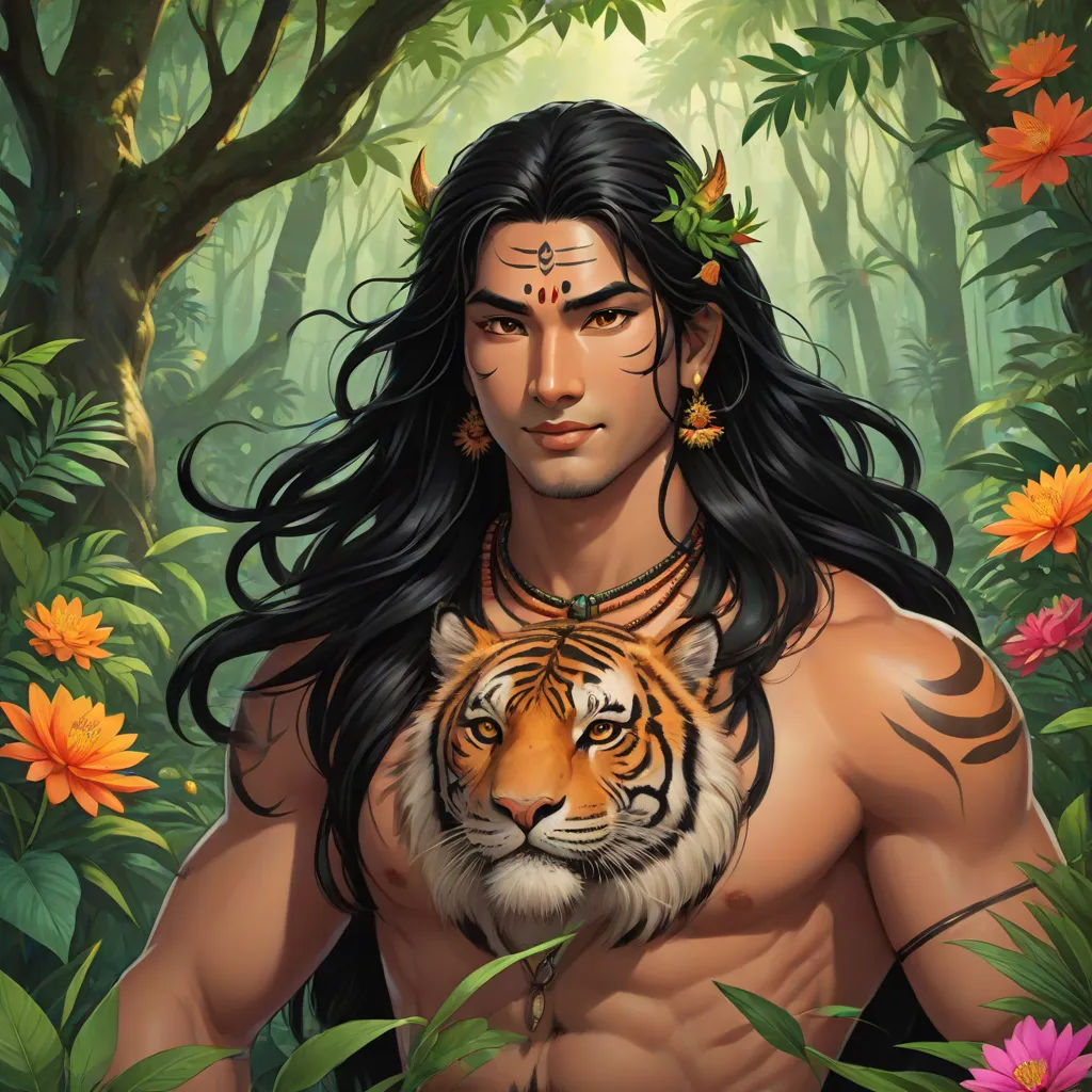 a man with long hair and a tiger in his chest is standing in the jungle with flowers around him, Anthony Devas, samikshavad, a character portrait, jayison devadas