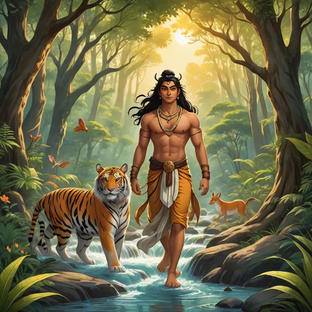 a painting of a man and a tiger in a forest with a stream of water and trees in the background, Anthony Devas, samikshavad, a character portrait, official art