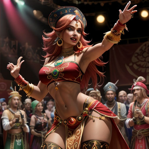 a woman in a costume is dancing in front of a crowd of people in costume and headdress