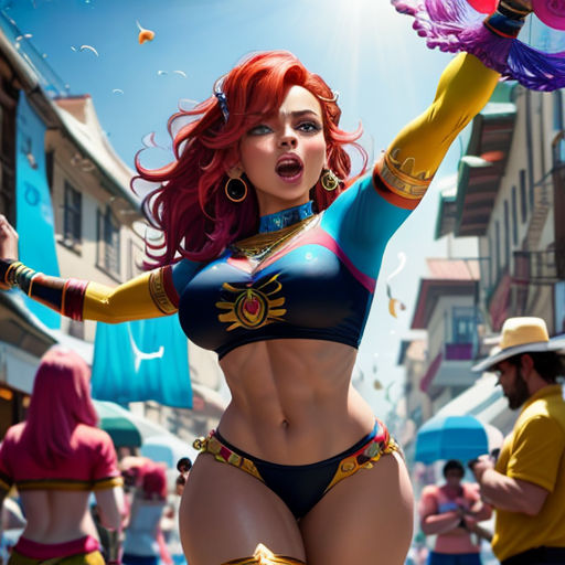 a woman in a bikini and some people in the street and a man in a hat and a yellow shirt