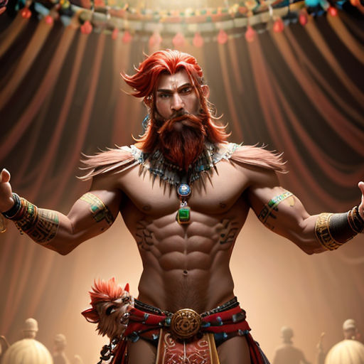 a man with a beard and a beard standing in front of a stage with a red hair and beard