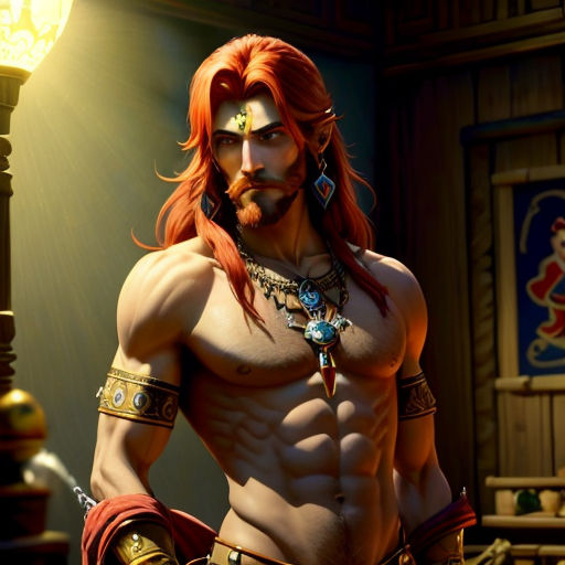 a man with red hair and a beard wearing a costume and a necklace with a sword in his hand