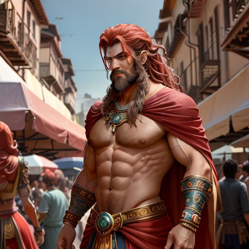 a man with a beard and a beard wearing a red cape and a red cape on his head and a red cape on his head