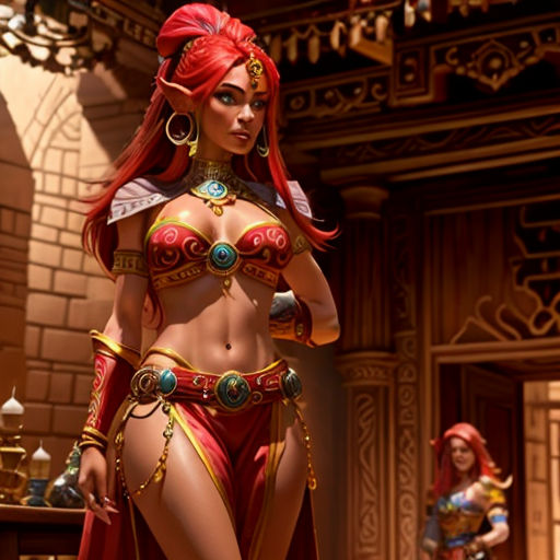 a woman in a red costume standing in a room with other women in costume around her and a man in a costume behind her
