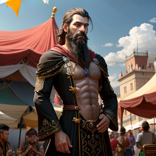 a man with a beard and a beard standing in front of a crowd of people wearing costumes and holding a sword