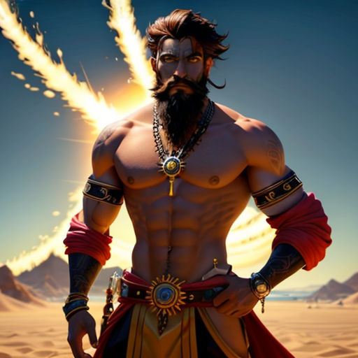 a man with a beard and a beard wearing a costume in a desert setting with a sky background and a sun
