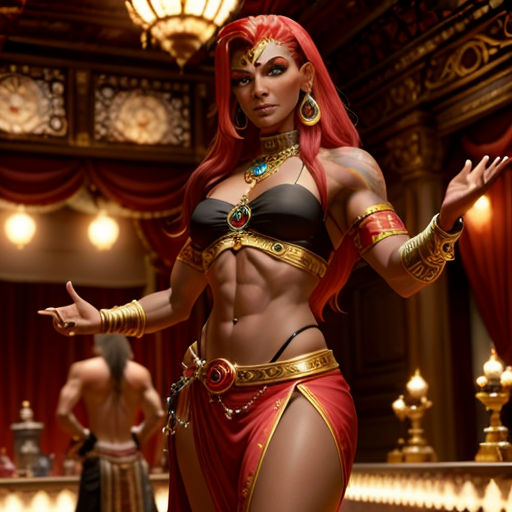 a woman in a costume standing in a room with other women in the background and a stage behind her