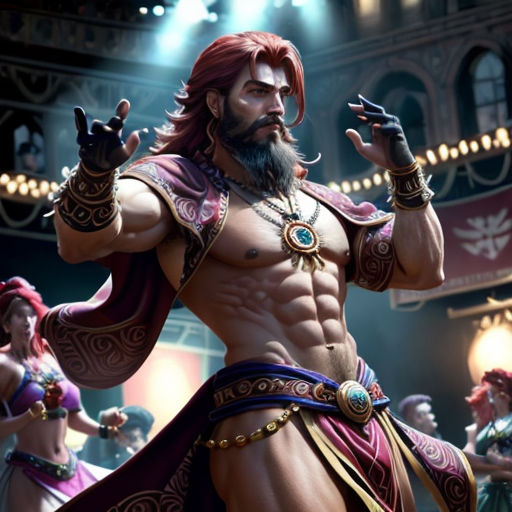 a man with a beard and a beard in a costume standing in front of a crowd of people in a theater