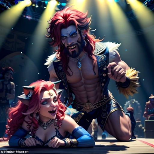 a man and a woman in costume on a stage with lights behind them and a man with horns on his head
