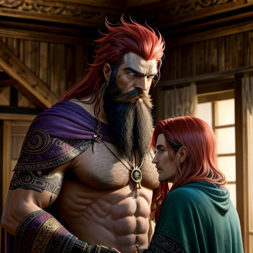 a man with a beard and a woman with red hair standing next to each other in front of a building