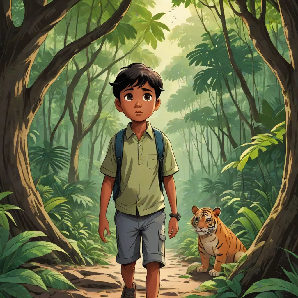 a boy and a tiger in a jungle with trees and bushes around him, and a path leading to the jungle, samikshavad, a storybook illustration, Bikash Bhattacharjee, promotional image