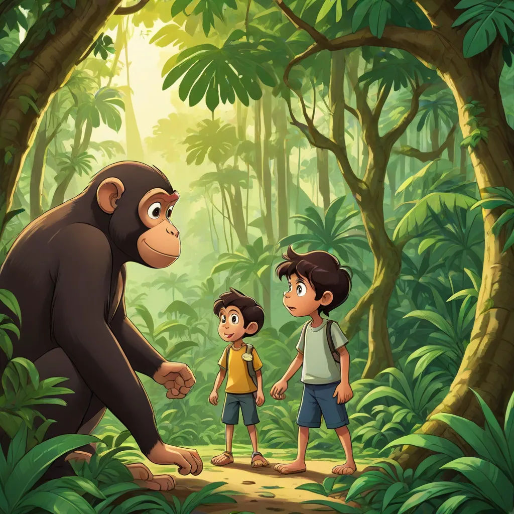 a boy and a girl are standing in the jungle with a monkey on their back and a gorilla on his shoulder, serial art, a storybook illustration, Diego Gisbert Llorens, promotional image