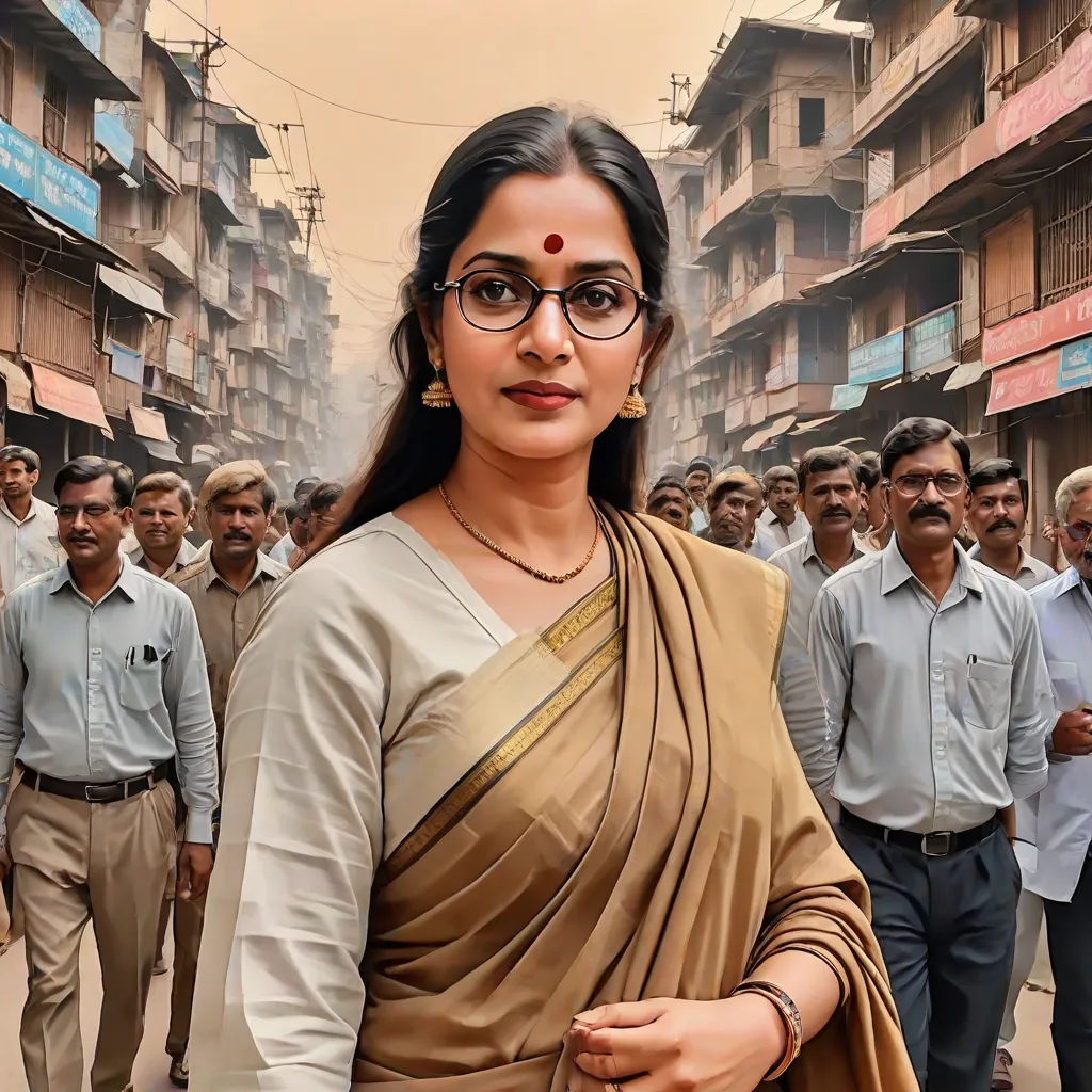 a woman in a sari and glasses standing in front of a crowd of people in a city street, samikshavad, a detailed matte painting, Ella Guru, movie still