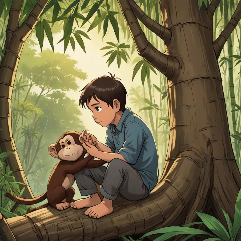 a boy sitting on a tree branch with a monkey in the jungle behind him, in front of a bamboo tree, serial art, a storybook illustration, Diego Gisbert Llorens, yukito kishiro