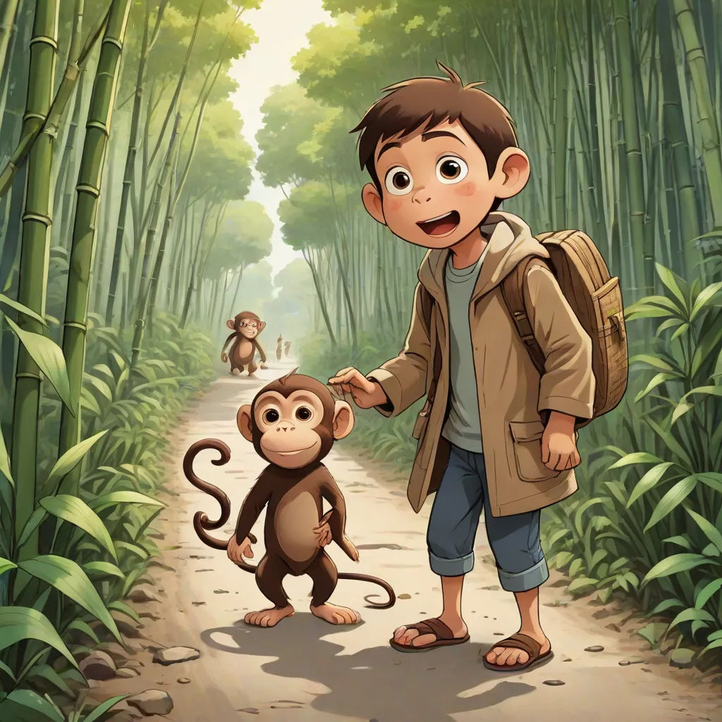 a boy holding a monkey's hand while walking down a path in a bamboo forest with another monkey, sots art, a storybook illustration, Diego Gisbert Llorens, official art