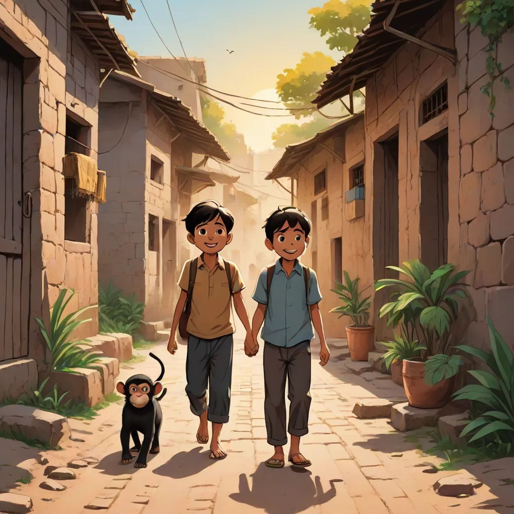 a couple of kids walking down a street holding hands with a dog on a leash behind them and a monkey on the ground, art & language, a storybook illustration, Asaf Hanuka, official art