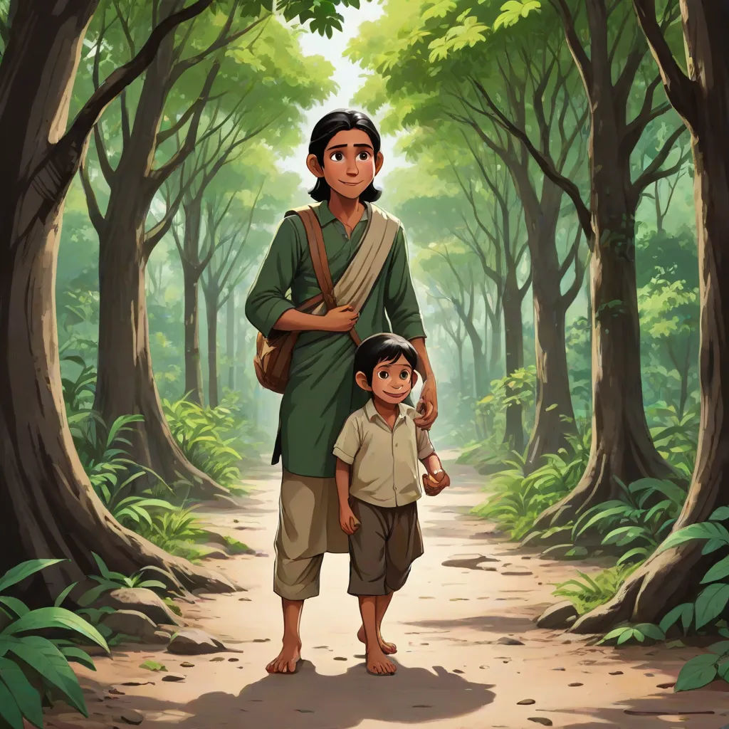 a man and a boy standing in a forest with trees and leaves on the ground and a path leading to them, bengal school of art, a storybook illustration, Ella Guru, promotional image