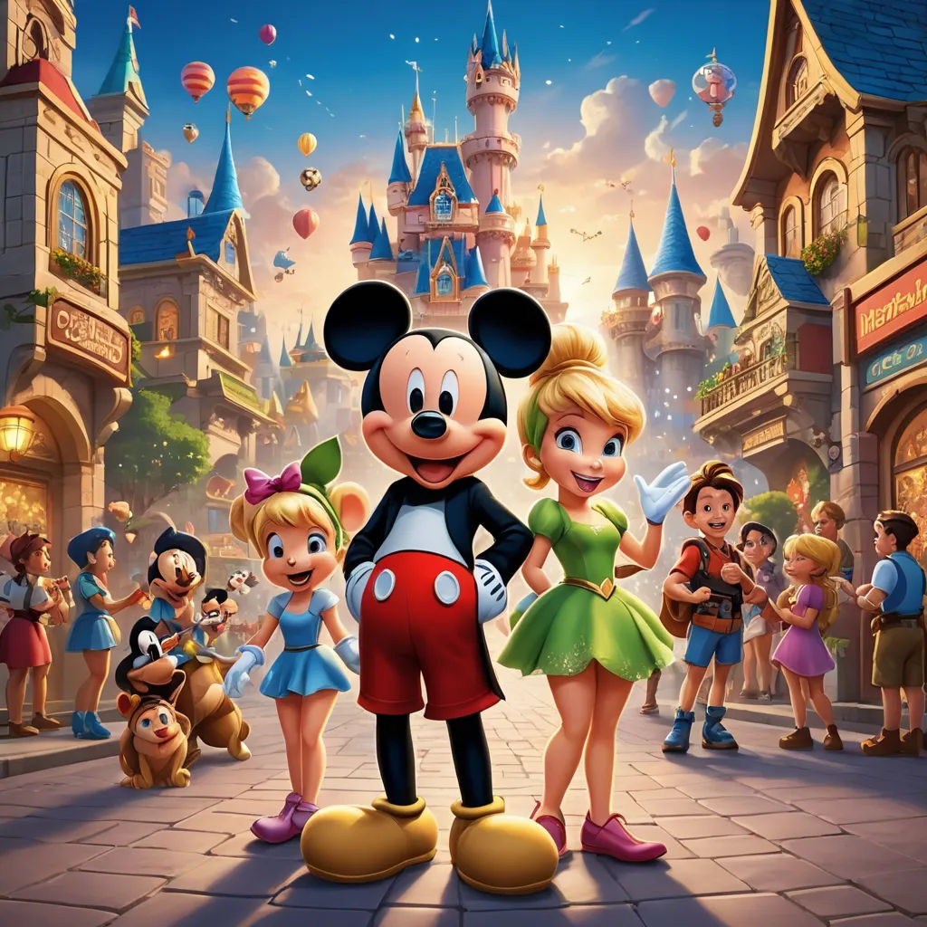 a cartoon mickey mouse and two girls standing in front of a castle with other disney characters in the background, magic realism, a digital rendering, disney, promotional image