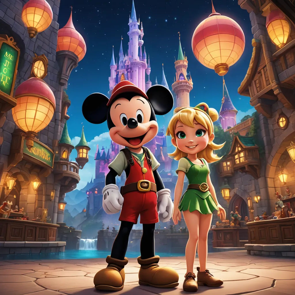 a couple of people standing next to each other in front of a castle at night with lights on and a mickey mouse, sots art, concept art, disney, official art