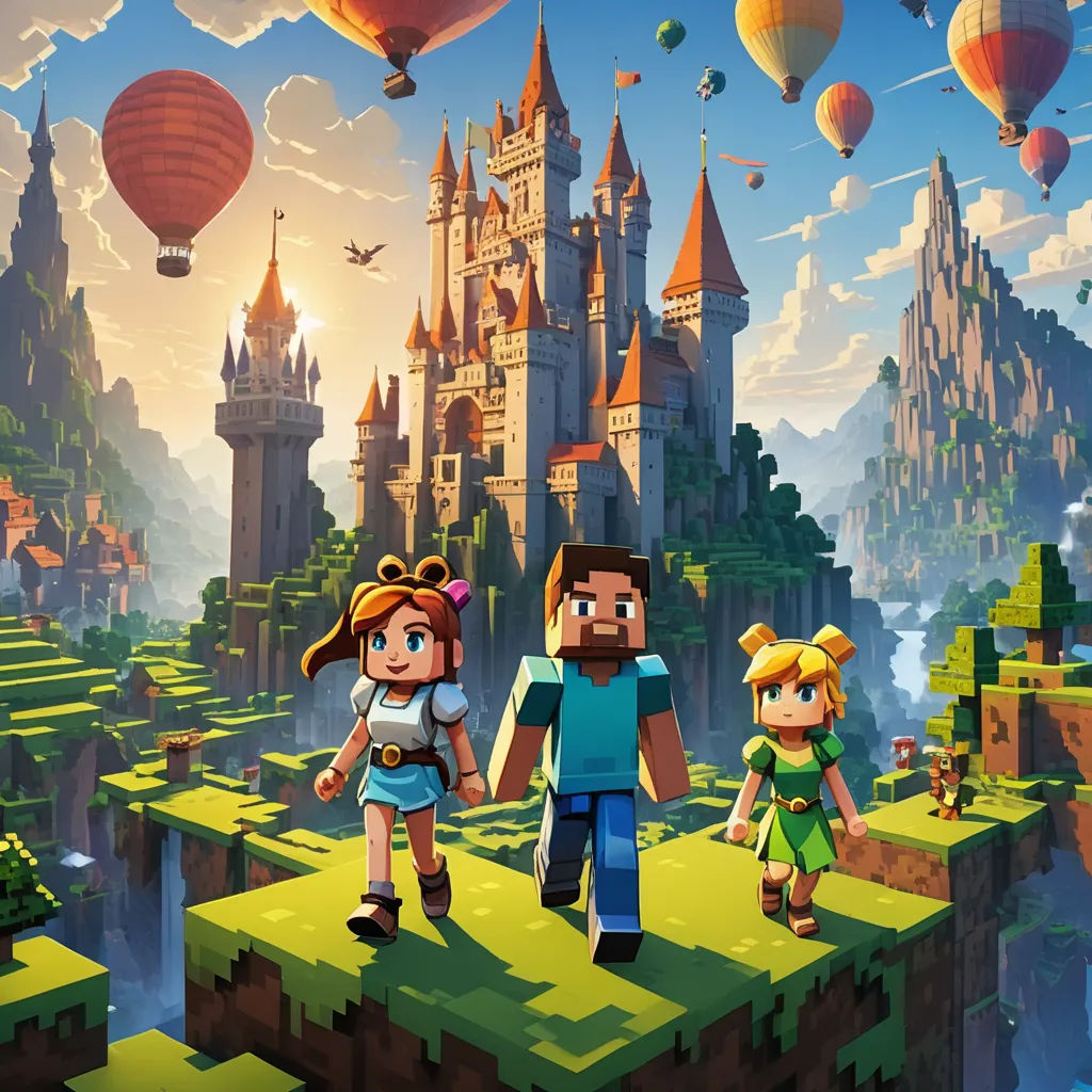 a couple of people standing on top of a green hill next to a castle and hot air balloons in the sky, sots art, concept art, Chris LaBrooy, key art