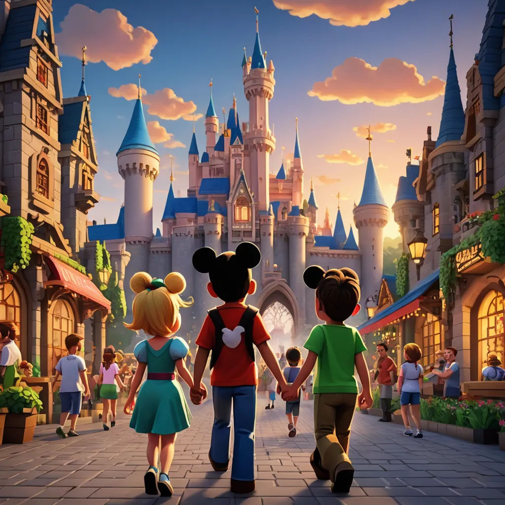 a couple of kids walking down a street holding hands in front of a castle at sunset with a person holding the hand of a child, sots art, a digital rendering, disney, pixar and disney animation