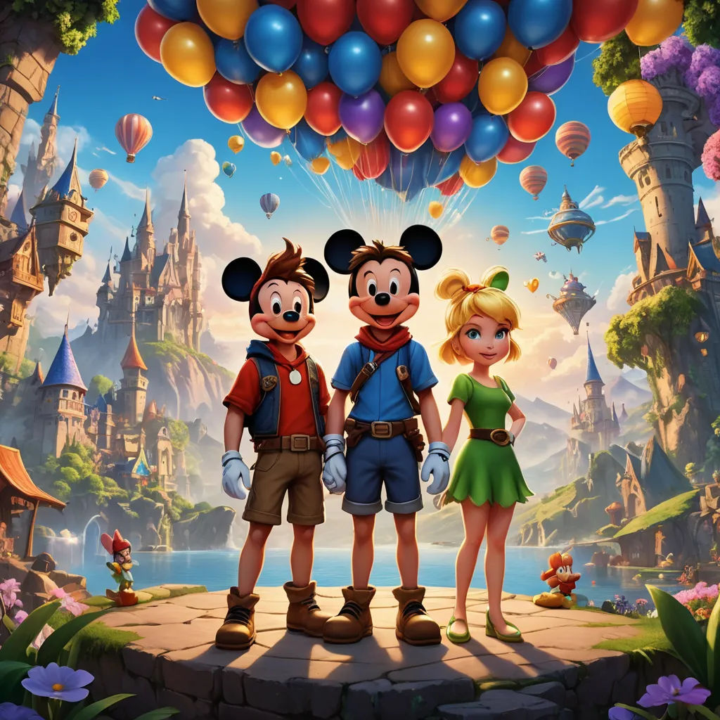 a group of people standing next to each other in front of a castle with balloons flying above them and a castle in the background, sots art, poster art, disney, official art