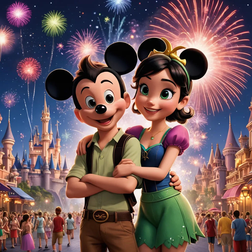 a couple of people that are standing in front of a castle with fireworks in the sky behind them and a castle with a lot of people, sots art, a digital rendering, disney, pixar and disney animation