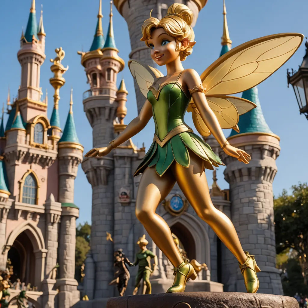 a statue of a fairy with a castle in the background and a clock tower in the foreground with a blue sky, magical realism, a bronze sculpture, disney, pixar and disney animation