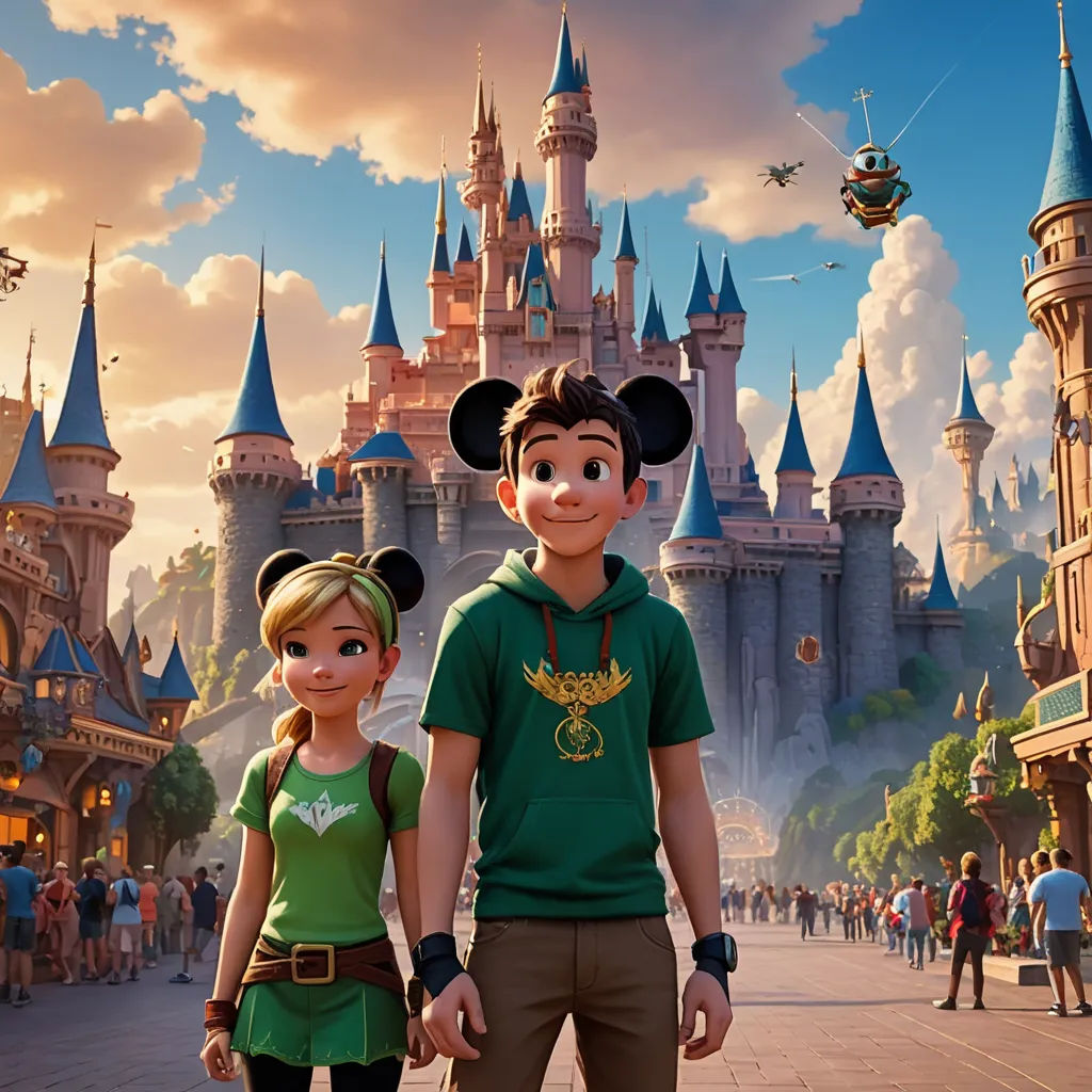 a man and a woman standing in front of a castle with a sky background and a plane flying overhead, sots art, concept art, disney, promotional image