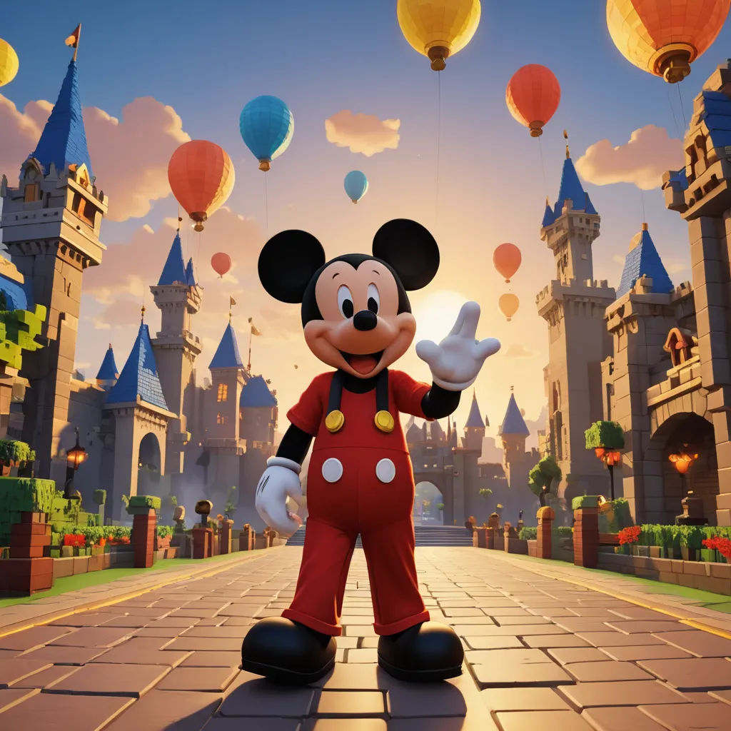 a mickey mouse character in front of a castle with balloons in the sky above it and a castle in the background, magical realism, a 3D render, disney, pixar and disney animation
