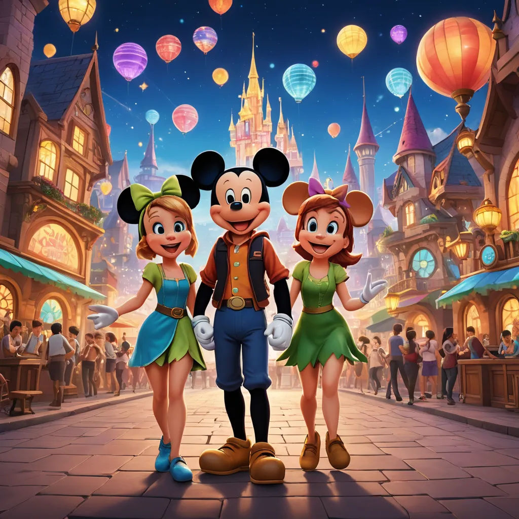 a cartoon mickey mouse and two girls standing in front of a castle at night with balloons in the sky, magic realism, a digital rendering, disney, promotional image
