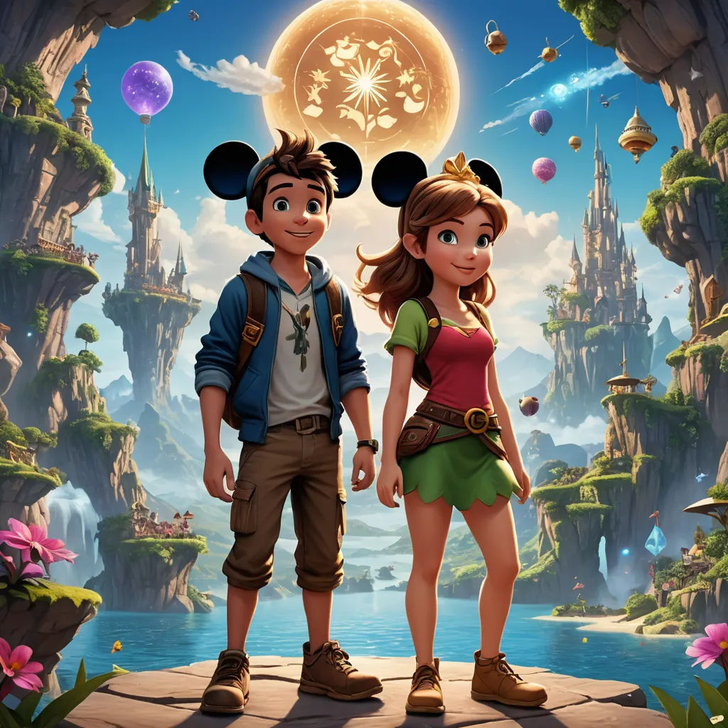 a couple of people standing next to each other on a bridge in front of a castle and a lake, sots art, concept art, disney, rossdraws global illumination