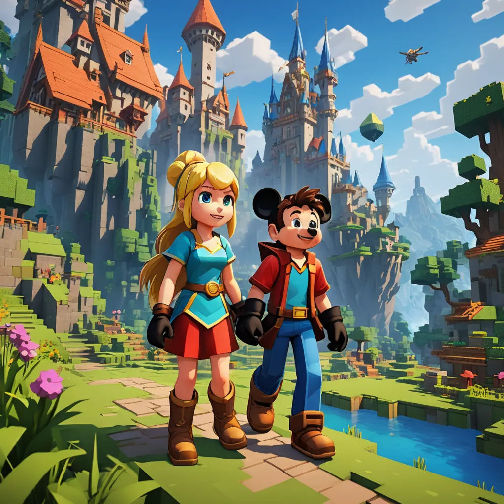 a couple of people standing in front of a castle with a castle in the background and a river running through it, sots art, concept art, disney, rossdraws global illumination