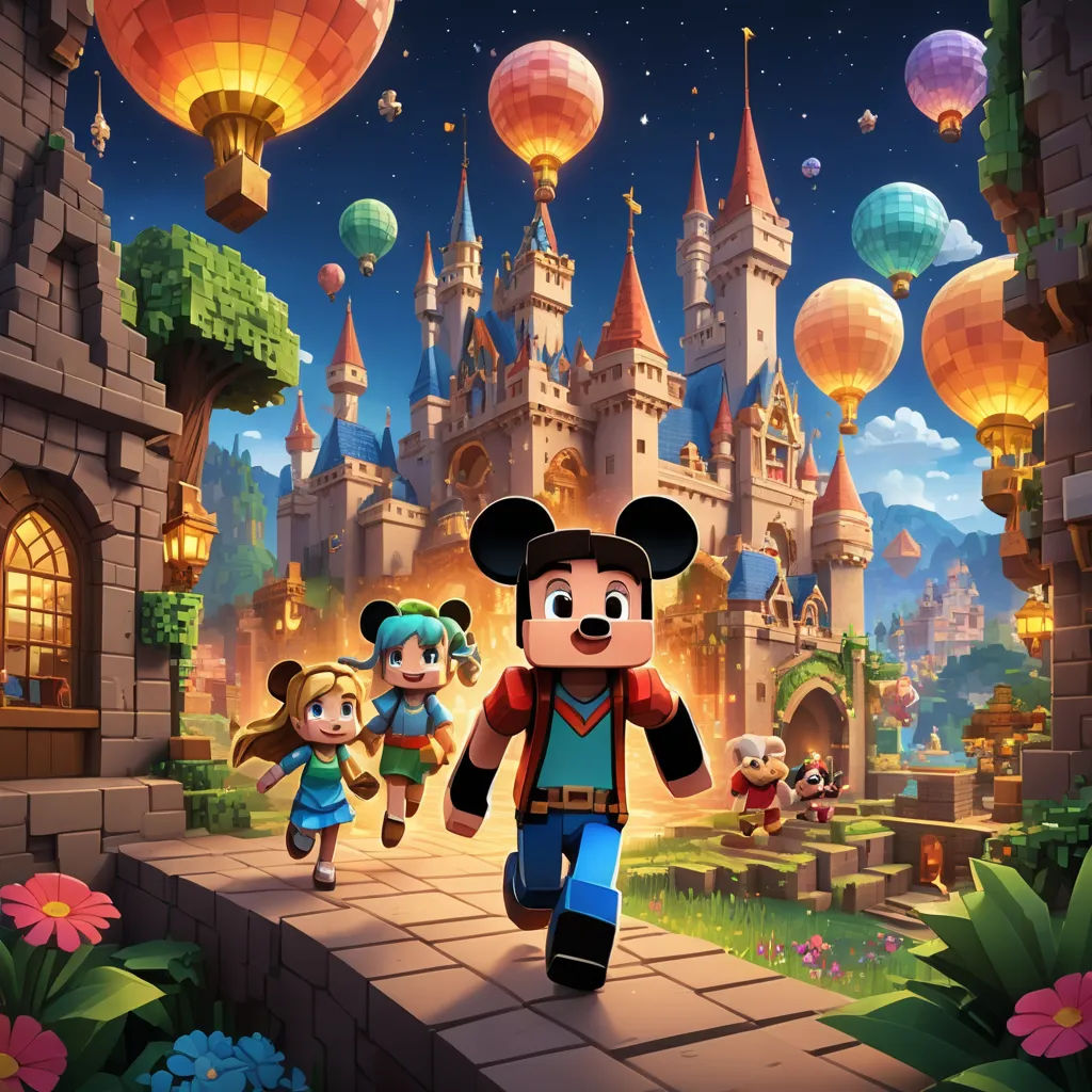 a cartoon character walking down a path in front of a castle with balloons in the sky and a person in a mickey mouse costume, sots art, concept art, disney, key art