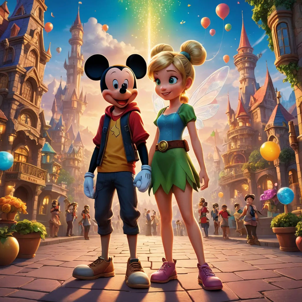 a couple of people standing next to each other on a street with balloons in the air and a castle in the background, sots art, poster art, disney, promotional image