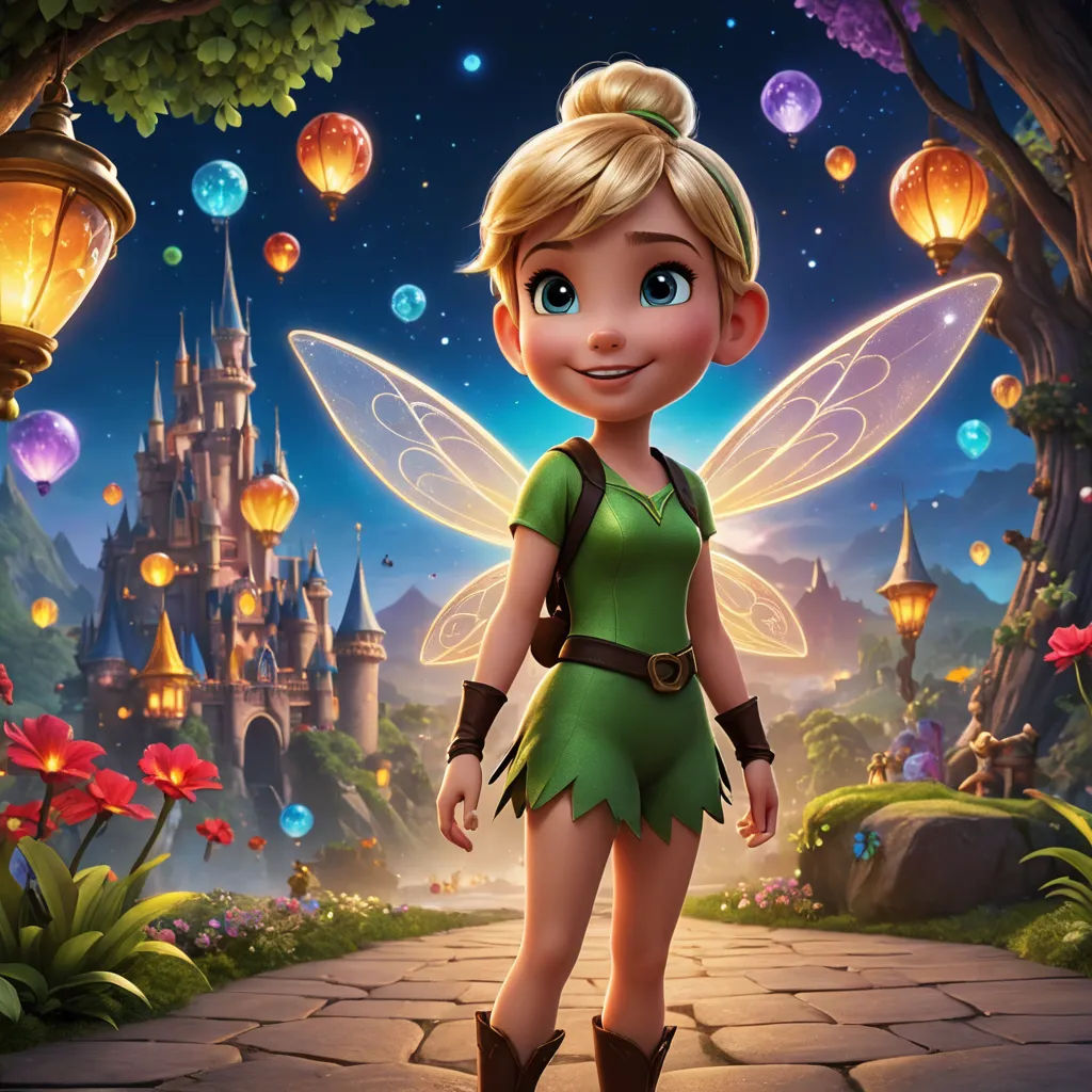 a cartoon tinkerbell standing in front of a castle with lanterns and flowers on it's walls, fantasy art, concept art, Drew Struzan, key art