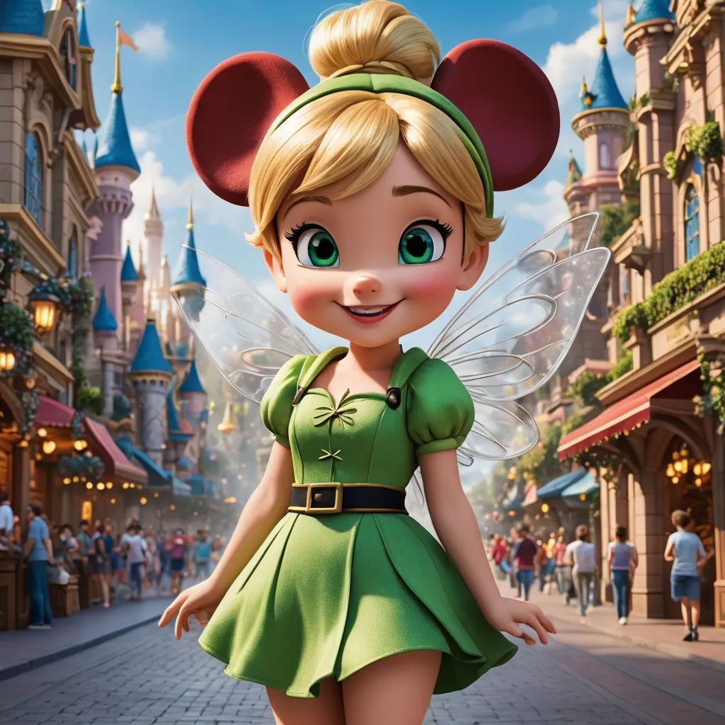 a cartoon character dressed in a green dress and a mouse ears headband, standing in front of a castle, photorealism, a digital rendering, disney, rossdraws global illumination