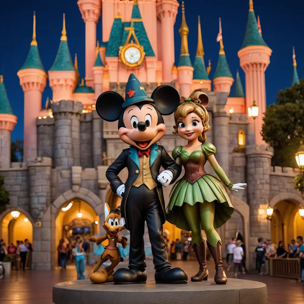 a statue of a man and a woman in front of a castle at night with a clock on it, magic realism, a stock photo, disney, pixar and disney animation
