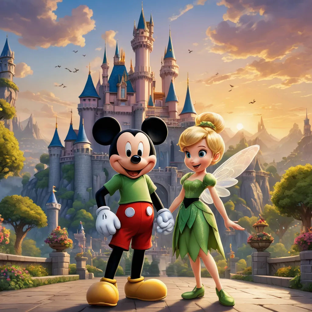 a couple of cartoon characters standing next to each other in front of a castle with a fairy tale in the background, magic realism, a digital rendering, disney, promotional image